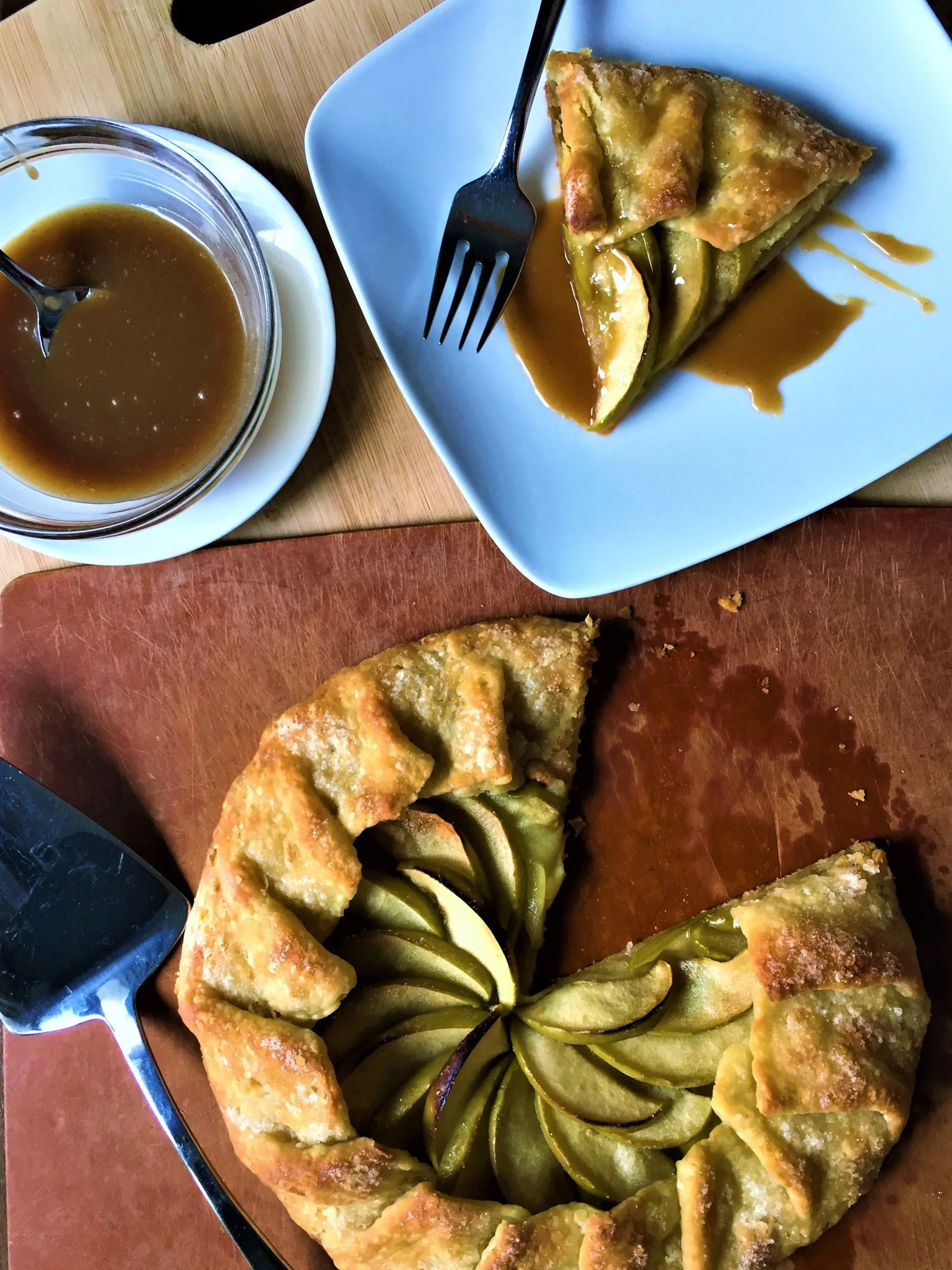Apple Galette with Brown Butter Thyme Sauce made in the Adventure Kitchen. Notice how the skin stays on the apples to become part of the design in the finished dish. Lazy and beautiful, all at the same time.