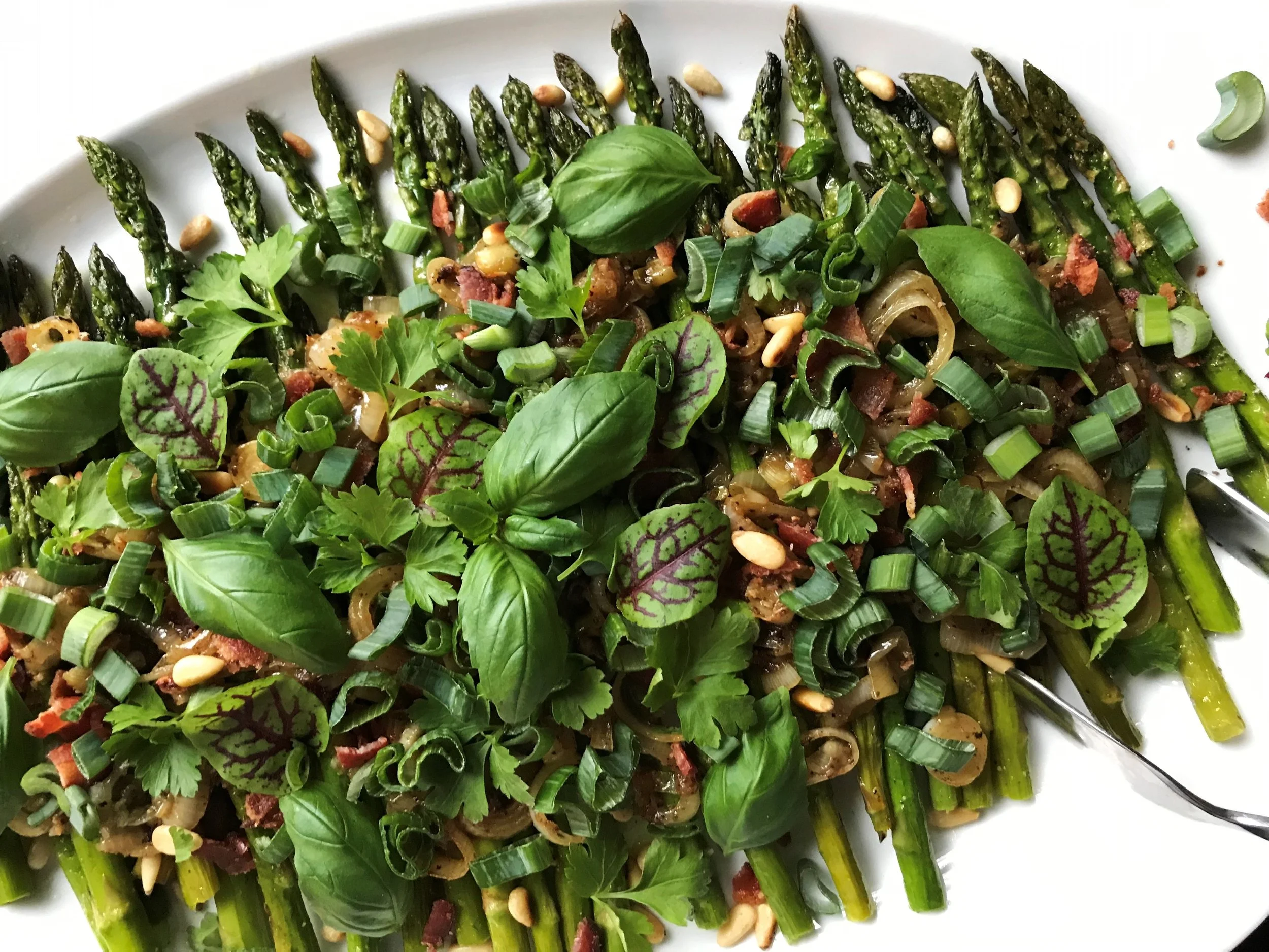 Herby Asparagus with Spring Onions and Preserved Lemon-Bacon Vinaigrette