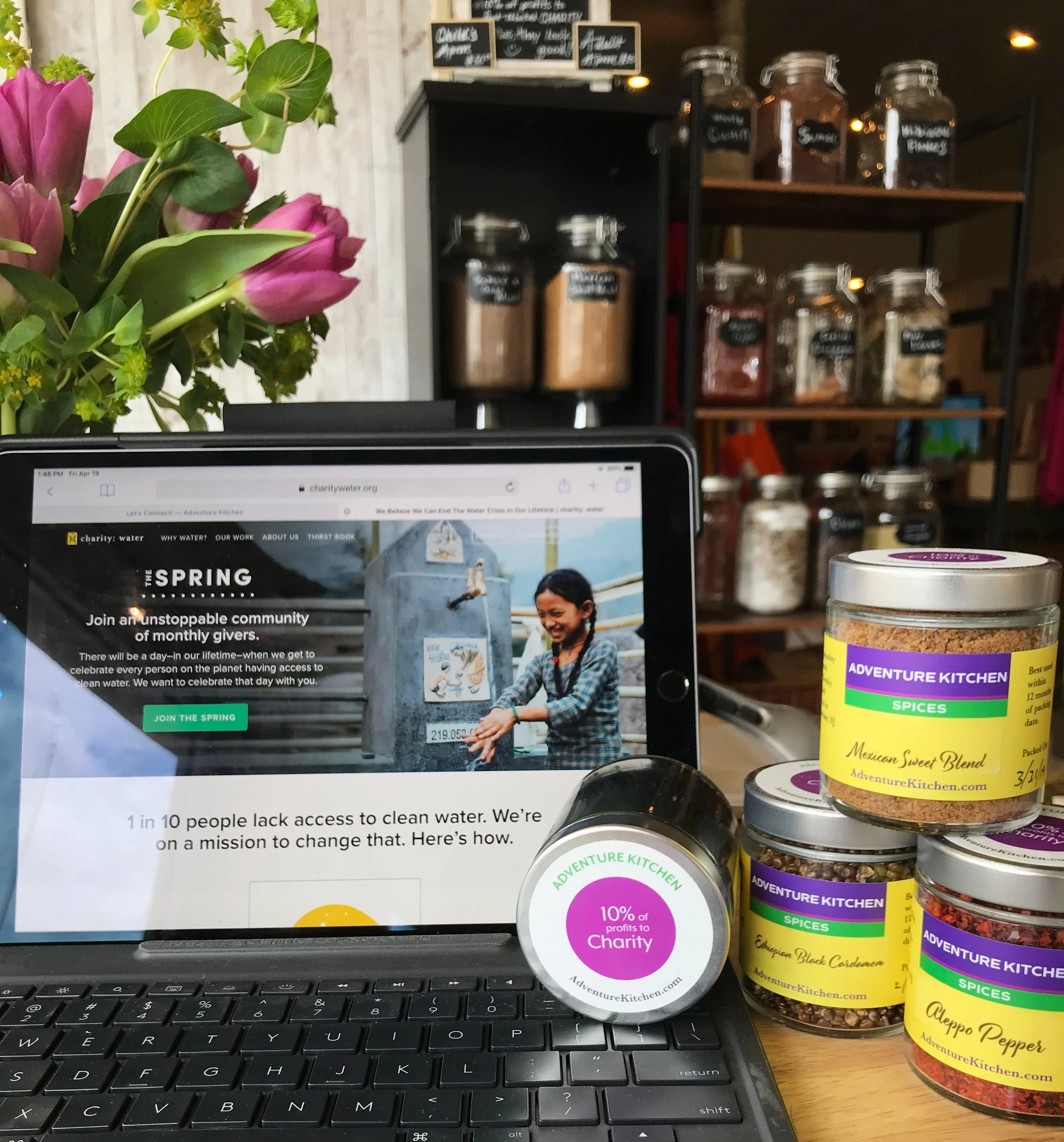 From our Montclair pop-up spice shop, announcing our donation to Charity:Water from 2018 profits. Our business is still very small, and we can't wait to see our donations grow along with us as the years go by!