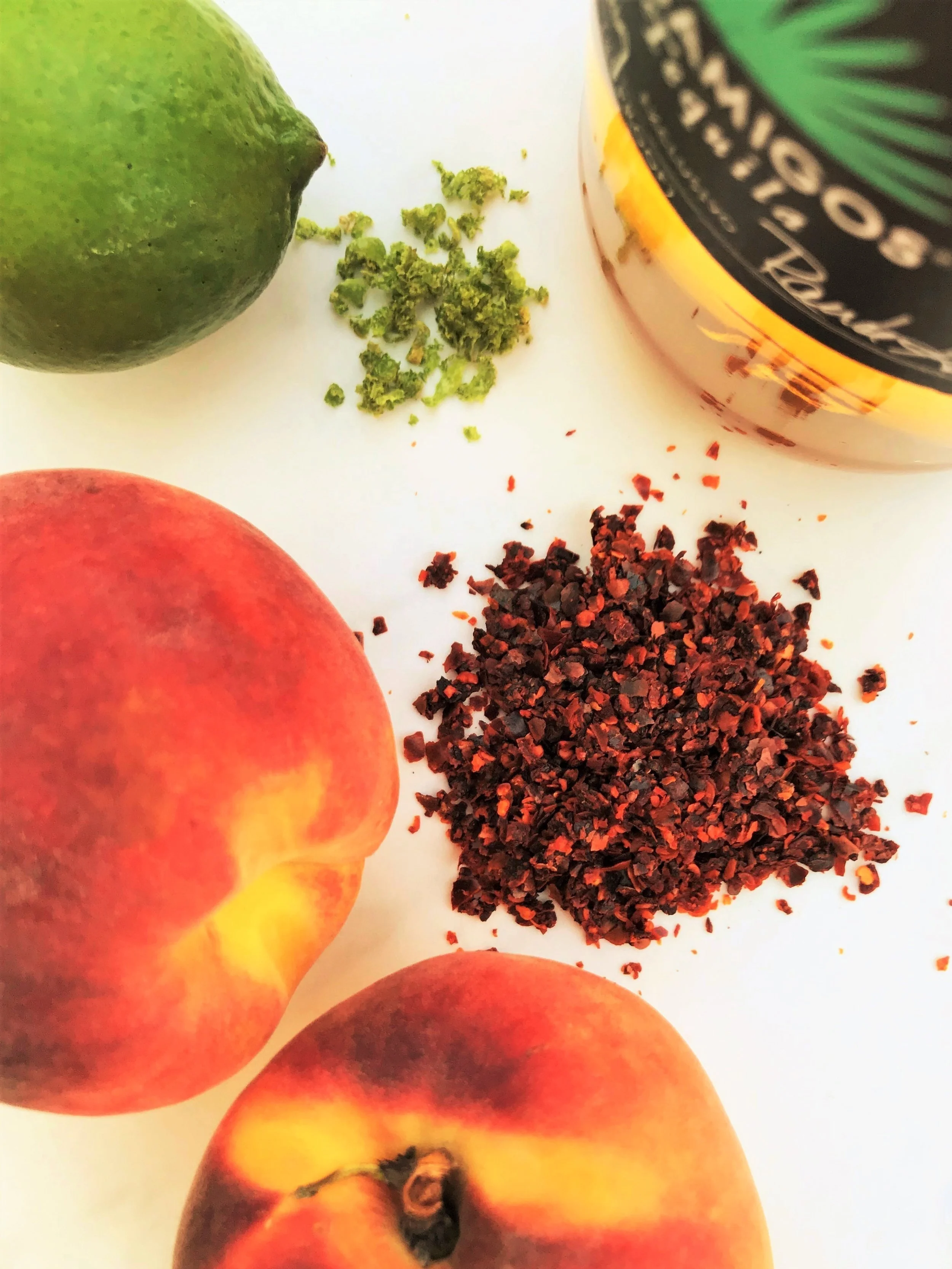 Peaches, with all the fixins for this sauce, ready to party.