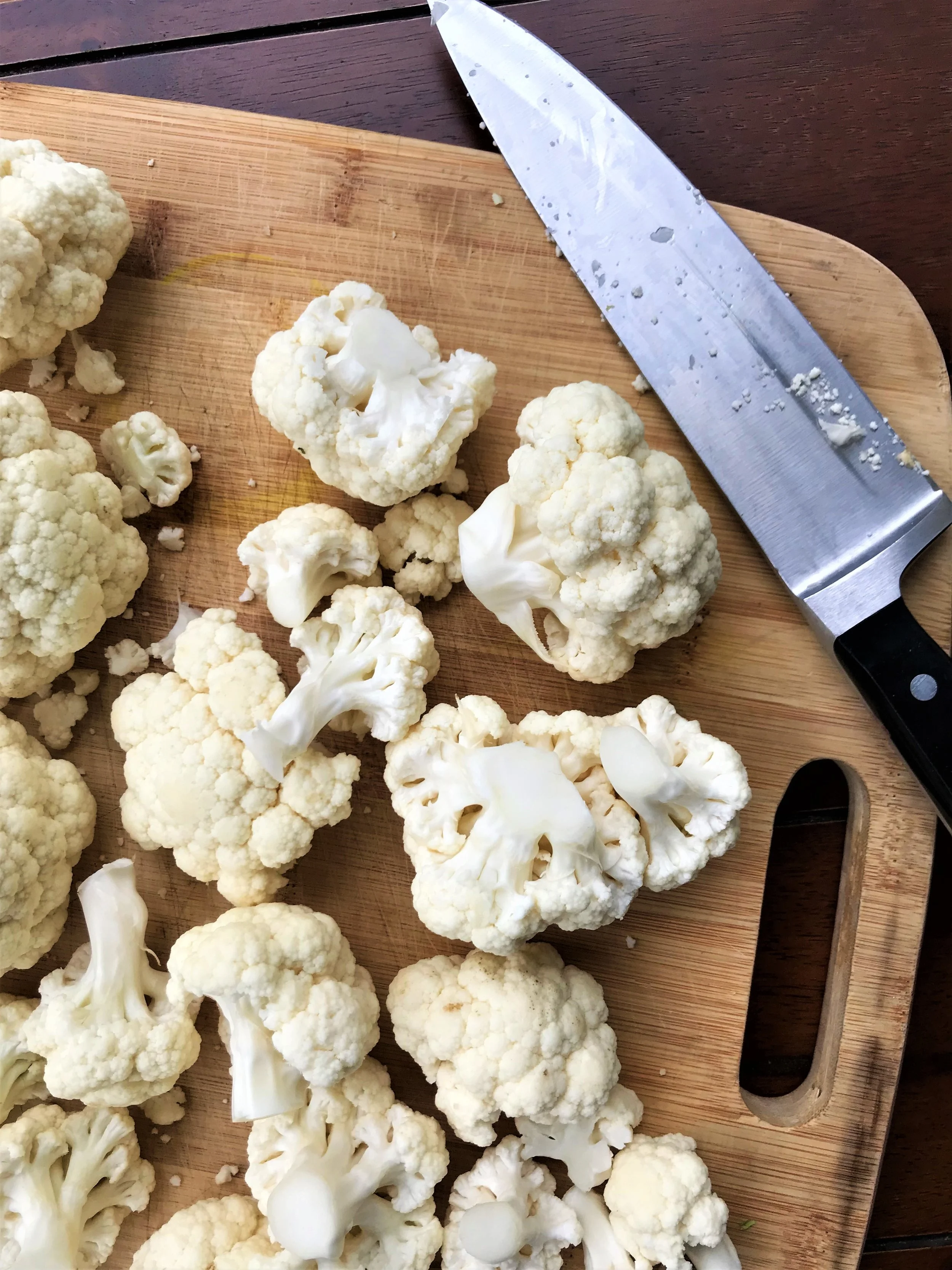 Cauliflower florets ready for roasting.