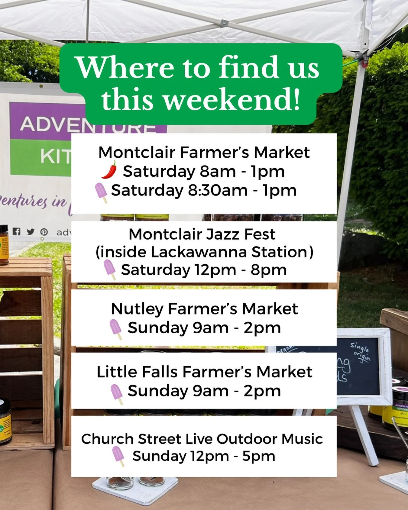 Weekend plans? We know a few good spots. 😉

📍 Saturday
🌶️ Montclair Farmers Market | 8 AM&ndash;1 PM
Shop our spices and grab a Spicepop!

...and you can also grab yourself a sweet, frozen Spicepop at these spots all weekend:
📍 Saturday
🍭 Montcl