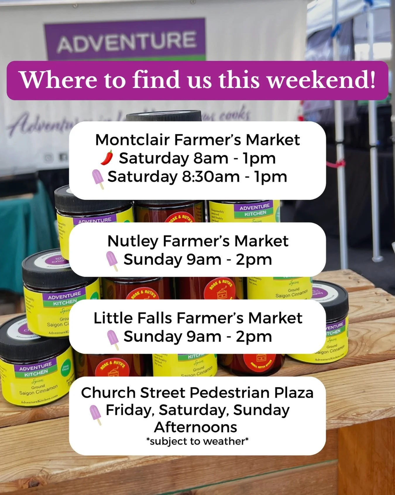 If you&rsquo;re looking for something to spice up your weekend, come out and visit us!

📍 Saturday
🌶️ Montclair Farmers Market 
Shop our spices and grab a Spicepop!

...and you can also grab yourself a sweet, frozen Spicepop at these spots all week