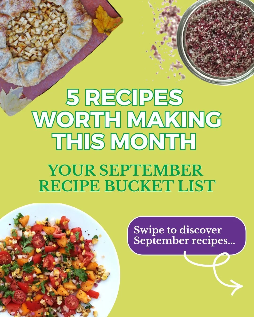 September called. It wants you to cook these. 🍎🌽

A few recipes to add to your September cooking bucket list...
🍝Grilled ratatouille pasta
🌽Tomato + corn salad
🍅Salsa de molcajete
🍻Beer-braised sausages
🍏Apple galette

and a few more worth mak