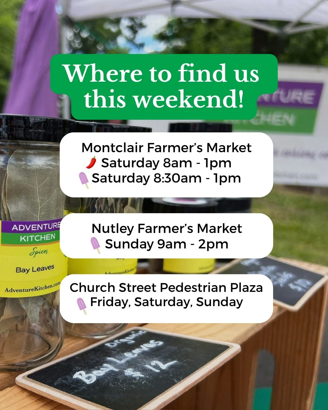 If you're looking for something to spice up your weekend, come out and visit us!

📍 Saturday
🌶️ Montclair Farmers Market 
Shop our spices and grab a Spicepop!

...and you can also grab yourself a sweet, frozen Spicepop all weekend at:
📍Friday, Sat