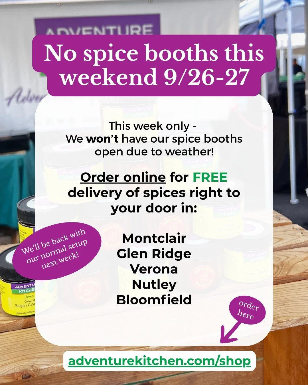 We&rsquo;ve decided to cancel our in-person markets this weekend due to the forecast, but you can still get your Adventure Kitchen spice fix! 🌶️🍭

Shop all your favorite spices online at the link in our bio or by visiting adventurekitchen.com/shop

