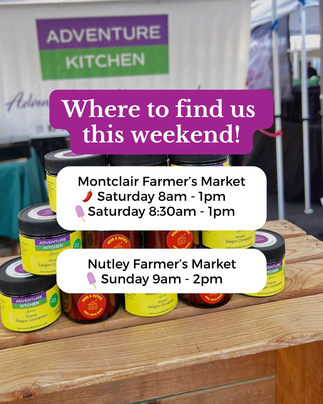 Your weekend market lineup is looking pretty spicy 👀🌶️🍭
📍 Saturday
🌶️ Montclair Farmers Market | 8 AM&ndash;1 PM
Spices, Spicepops, and hopefully a few things from farmstands you didn&rsquo;t plan on buying. 😉

📍 Sunday
🍭 Nutley Farmers Marke
