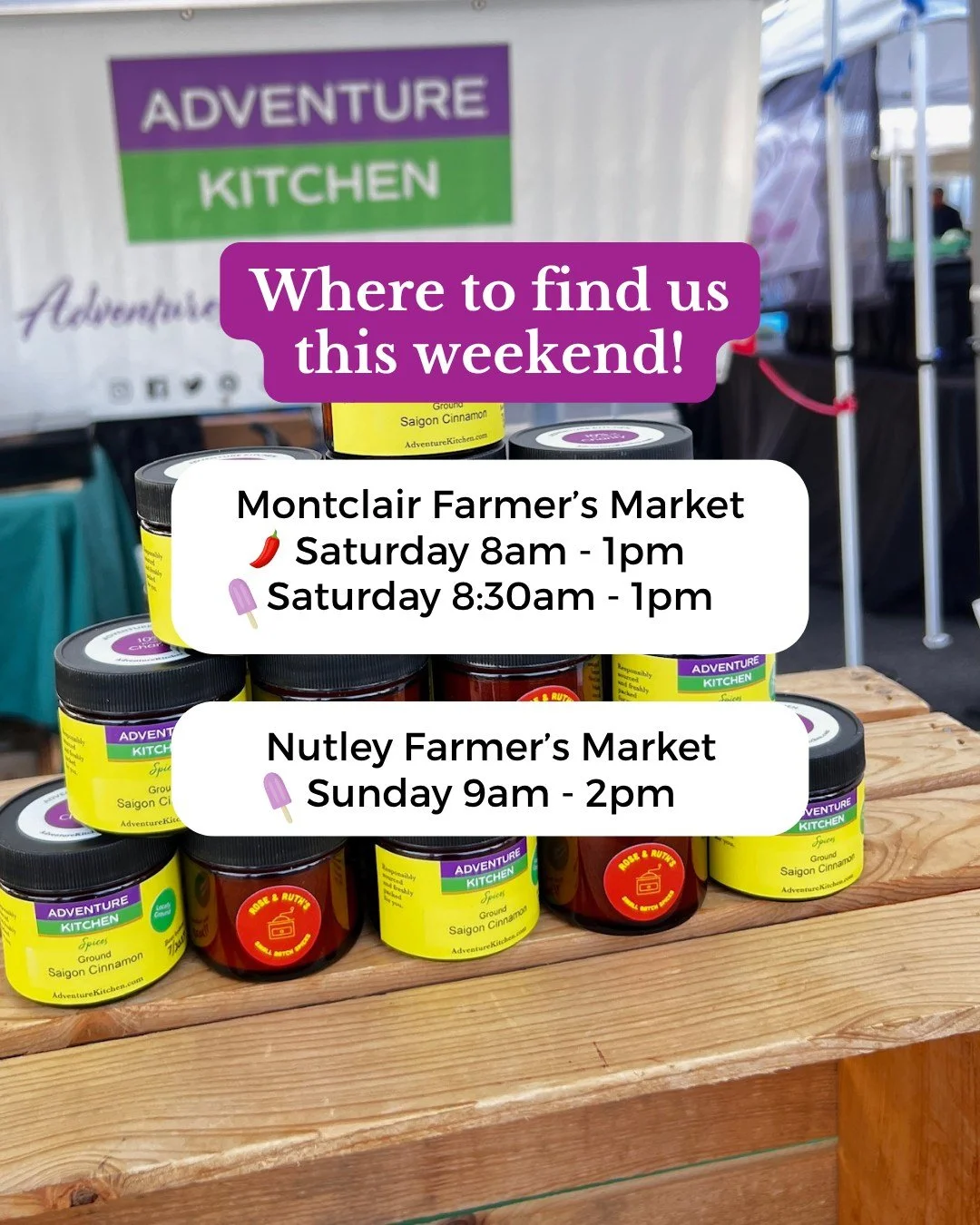 What to do this weekend?... Glad you asked! Visit us for recipe inspo &amp; a sweet treat...
📍 Saturday
🌶️ Montclair Farmers Market | 8 AM&ndash;1 PM

📍 Sunday
🍭 Nutley Farmers Market | 9 AM&ndash;2 PM

Find our frozen Spicepops at both!

Come fi