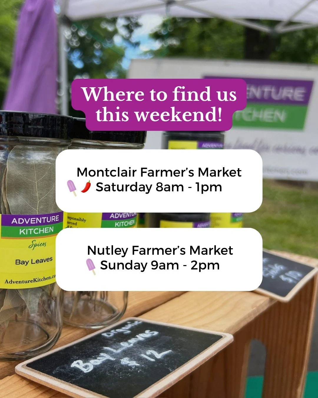 What's going on this weekend?... Glad you asked! Visit us for recipe inspo &amp; a sweet treat...
📍 Saturday
🌶️ Montclair Farmers Market | 8 AM&ndash;1 PM
Spices, Spicepops, and hopefully a few things from farmstands you didn&rsquo;t plan on buying