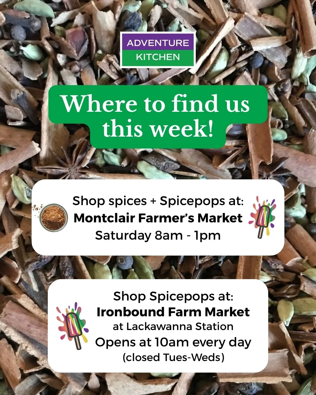Here's where to get your spicy goodness this week:

📍 Saturday
Montclair Farmers Market | 8 AM&ndash;1 PM
Walnut Street Train Station
Find our booth on the east side of the train tracks
Spices, Spicepops and all things fall🍂

📍 All week
Ironbound 