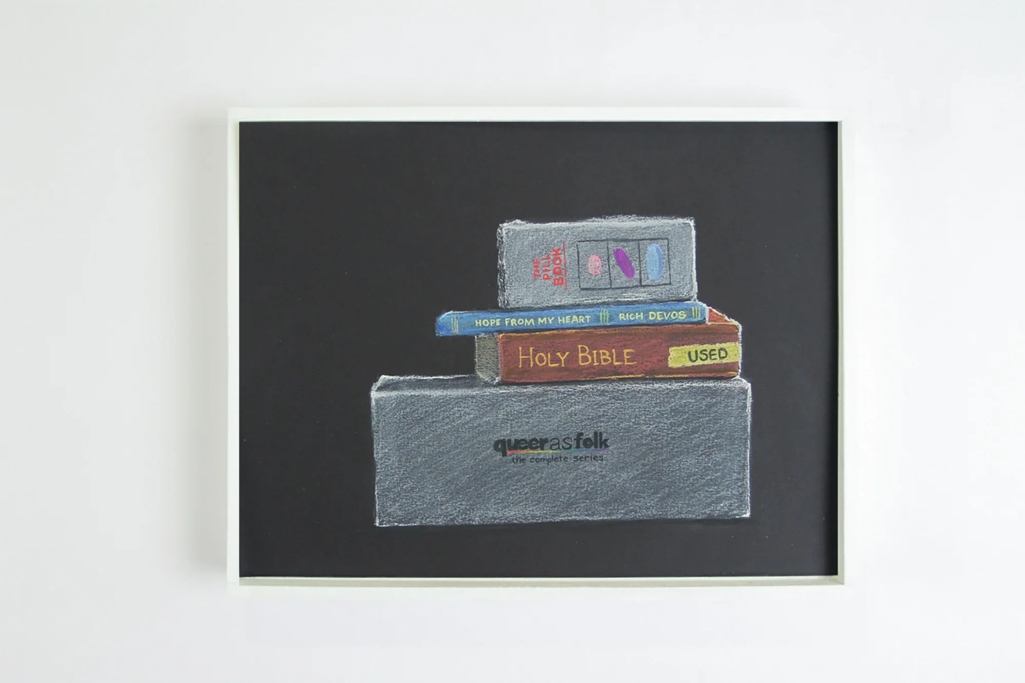 Books and DVDs , 2017. Chalk-pastel on paper. 9" x 12".
