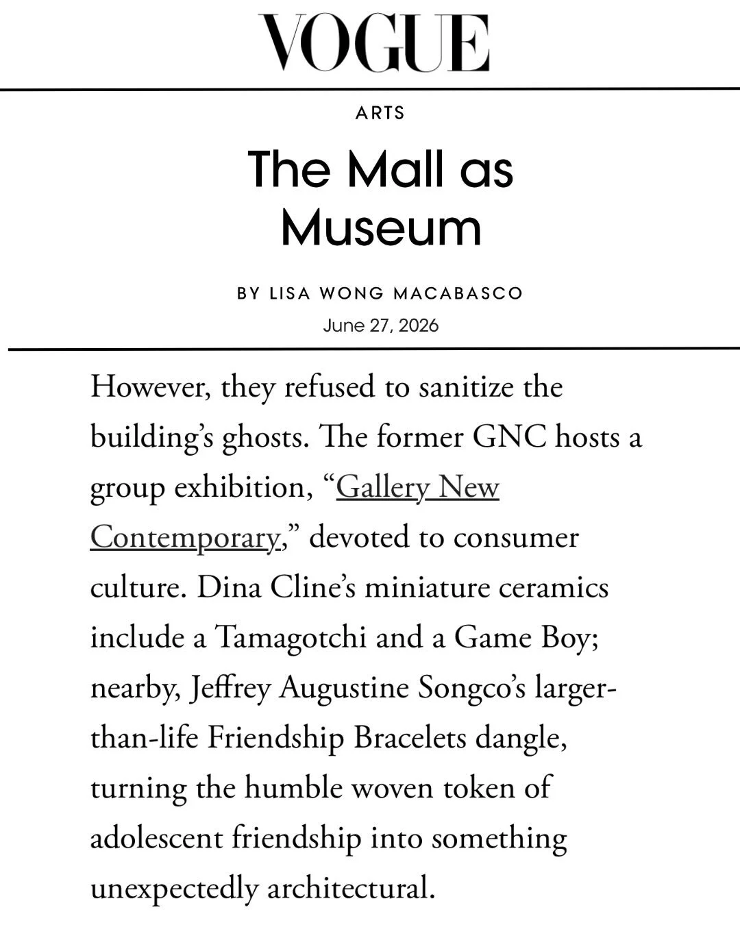 A complete delight to be mentioned by @macabasco for @voguemagazine ✨ A great article about @themallupstate curated by @honeybadgaa + @jasperrichmus as part of @upstateartweekend 🎉 Link in bio 👀