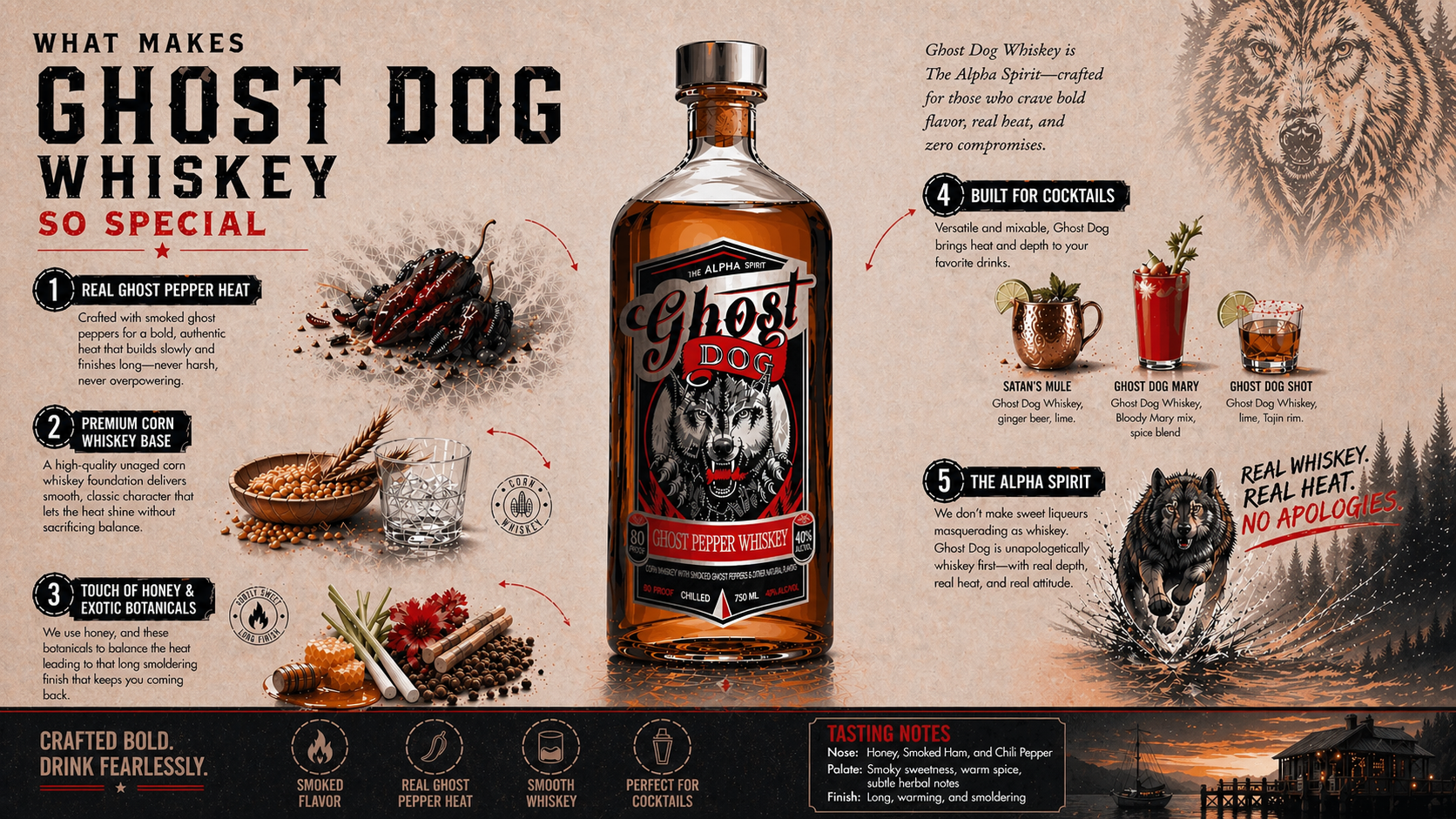 Infographic detailing Chambers Bay Ghost Dog Whiskey smoked ghost pepper infusion, botanicals, and spicy cocktail pairings.