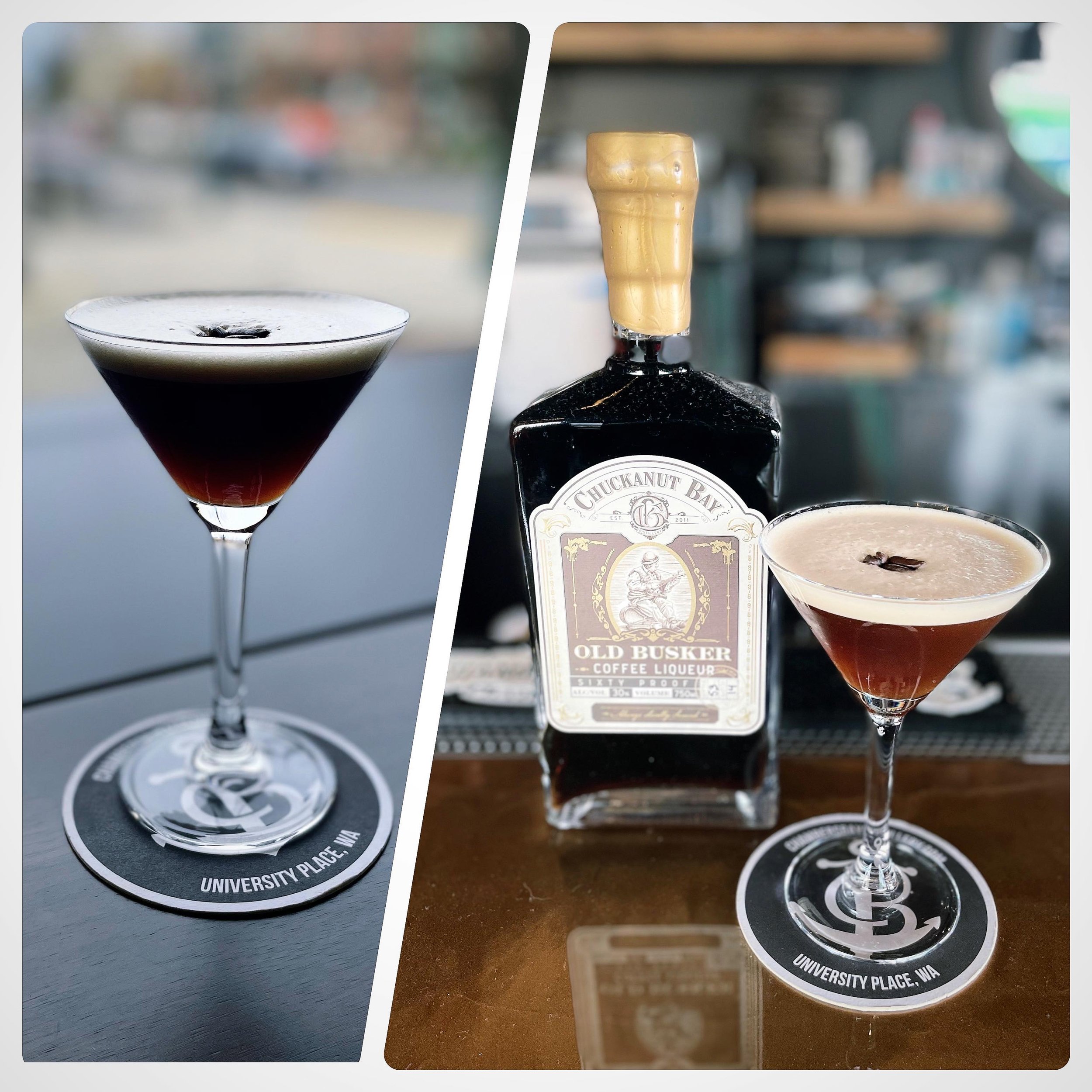The Chambers Bay Espresso Martini - featuring our R&aacute;n Vodka, espresso, and Old Busker coffee liqueur from @chuckanutbaydistillery . The touch of @sanjuanislandseasalt in our vodka heightens all the flavors in this cocktail - from the french es