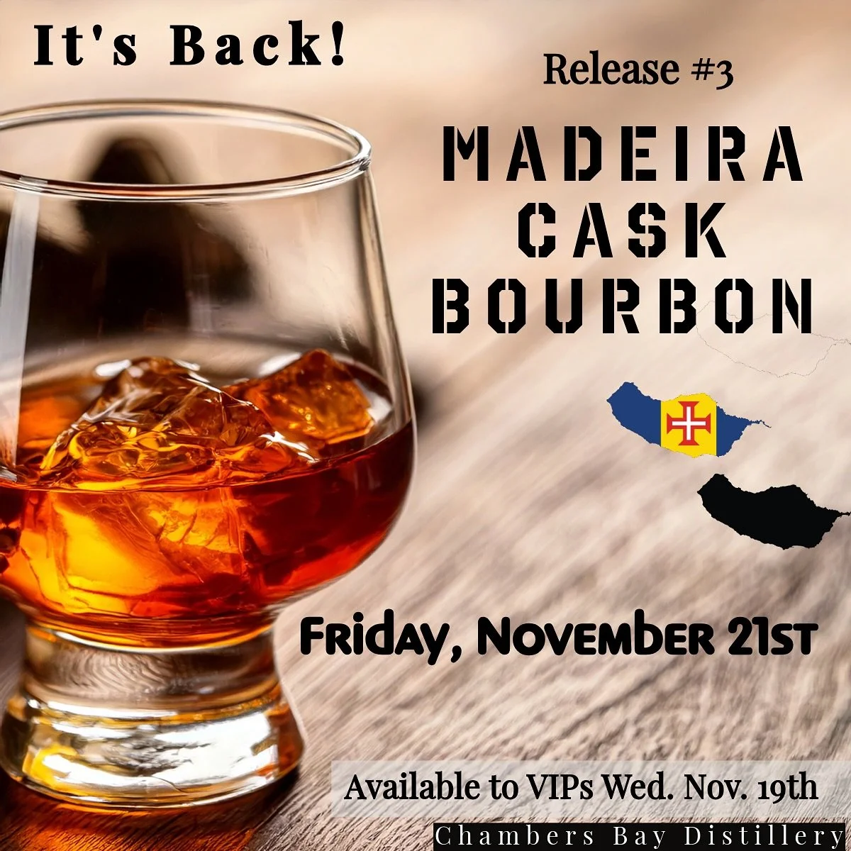 Join us at the tasting room Friday, November 21st for the 3rd release of our Madeira Cask Finish Bourbon. This bourbon is aged atop Puget Sound for 4.5+ years in new American oak, and then finished in an ex-Madeira cask for 6 months. With a hint of M