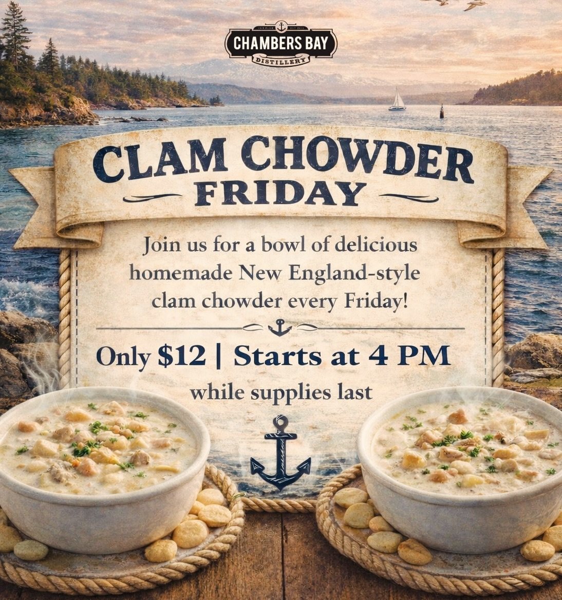 Join the us on Friday for some homemade award-winning clam chowder! Get here early as supplies are limited. 😋 
&hellip;
3610 Bridgeport Way W 98466
&hellip;
#ClamChowder #Friday #Bourbon #Gin #LandCraftedOceanAged