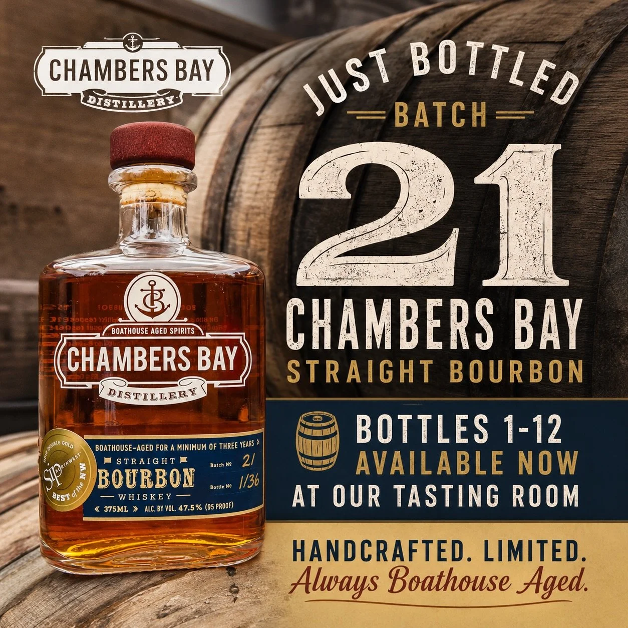 We just bottled out 21st batch of our Chambers Bay Straight Bourbon!

The first 12 bottles are available for sale on the shelf at the Tasting Room.  3610 Bridgeport Way W, UP.

We open daily at 2PM

@thebourbonnews @bourbonfinds @pnwbourbonexploratio