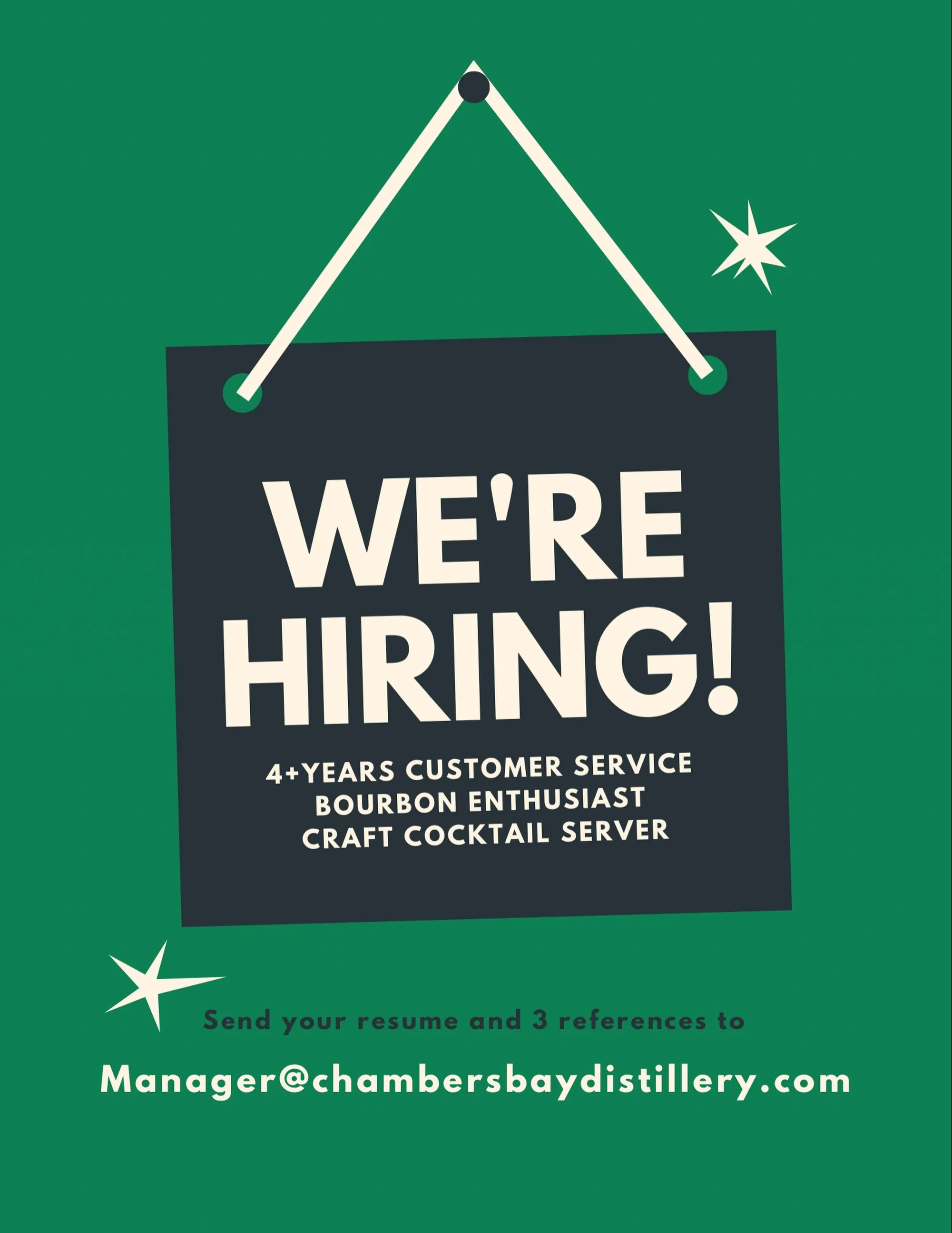 We are currently looking for a fresh face to join the team!
We are a Tasting Room, not a bar, and we get to make the most delicious cocktails with our very own distilled spirits! 

If you&rsquo;re interested please send your resume and references to 