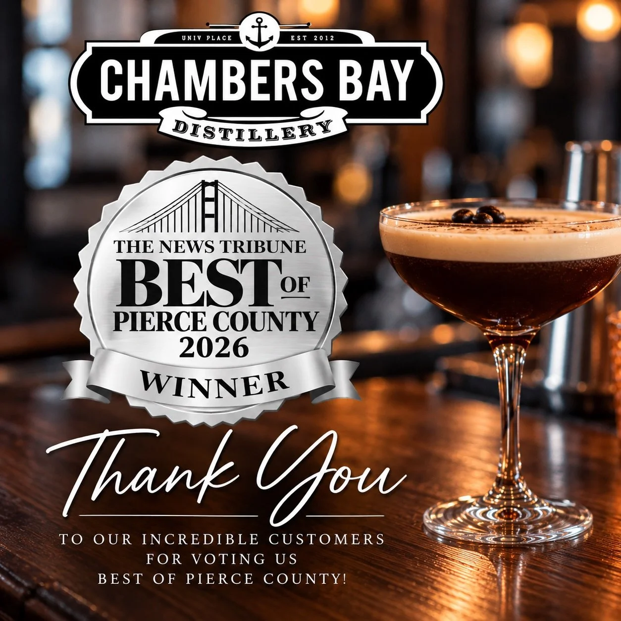 Thanks to everyone for taking the time to vote for us!
Thank you to our staff for making fabulous Specialty Cocktails that put us in the competition! 
Cheers!

#piercecountywa #chambersbay #craftcocktails #craftbourbon #pnw