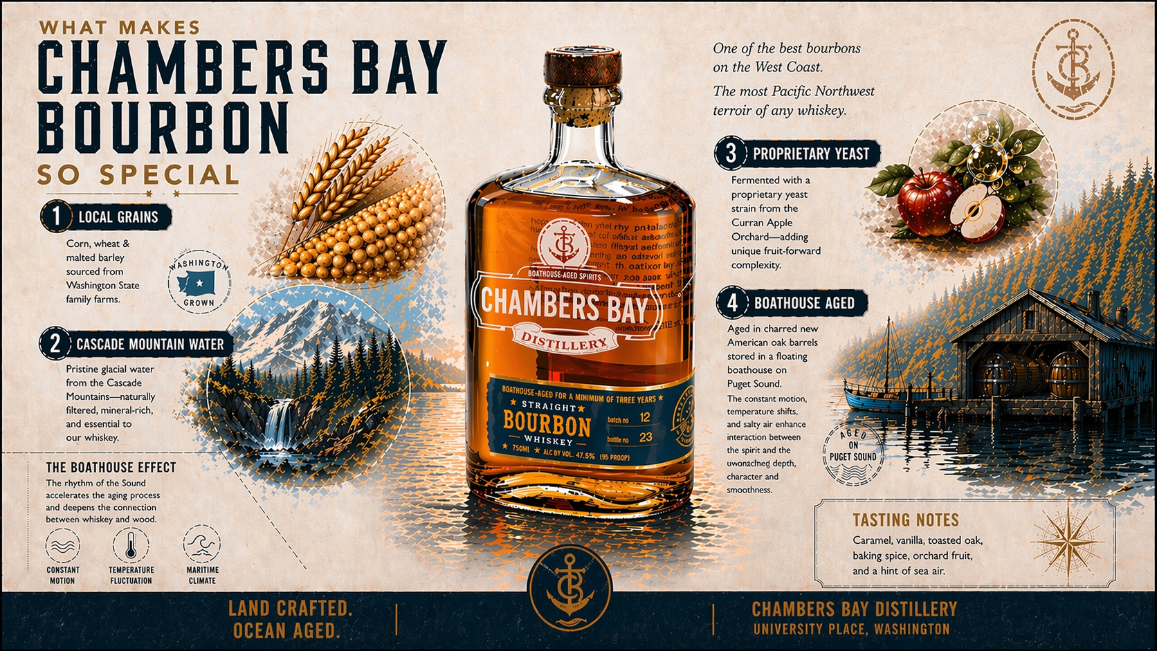 Chambers Bay Distillery infographic showing local Washington grains, Cascade Mountain water, Curran Apple Orchard yeast, and boathouse aging on Puget Sound.