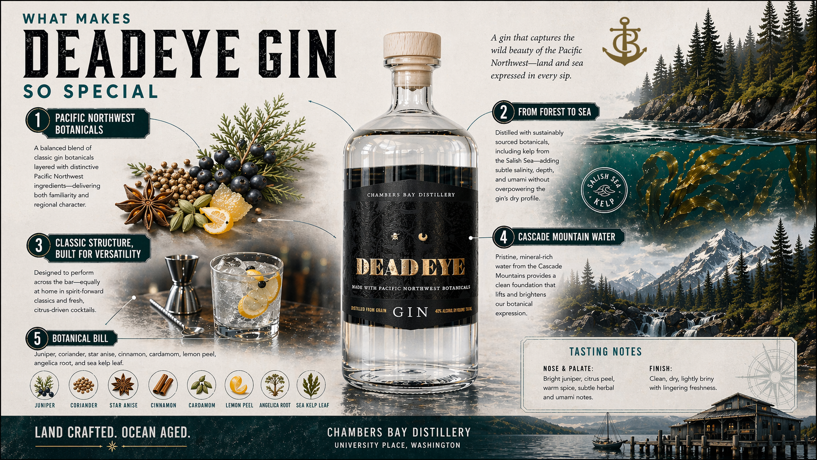 Infographic breaking down Deadeye Gin Pacific Northwest land and sea botanicals profile.