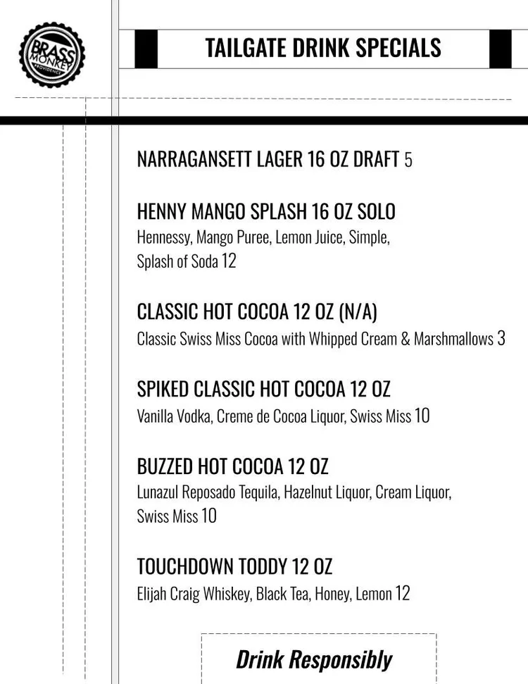 TAILGATE MENU — Brass Monkey