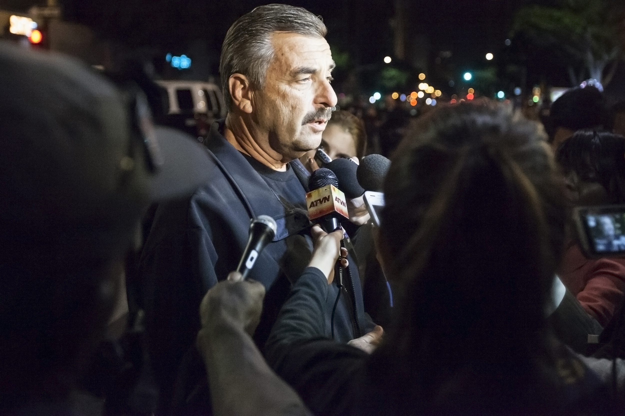  LAPD chief Charlie Beck talks to news media after the arrest of more than 100 protesters during a rally in opposition to the non-indictment of officer Darren Wilson after the shooting death of Mike Brown after an altercation in Ferguson Miss. Wednes