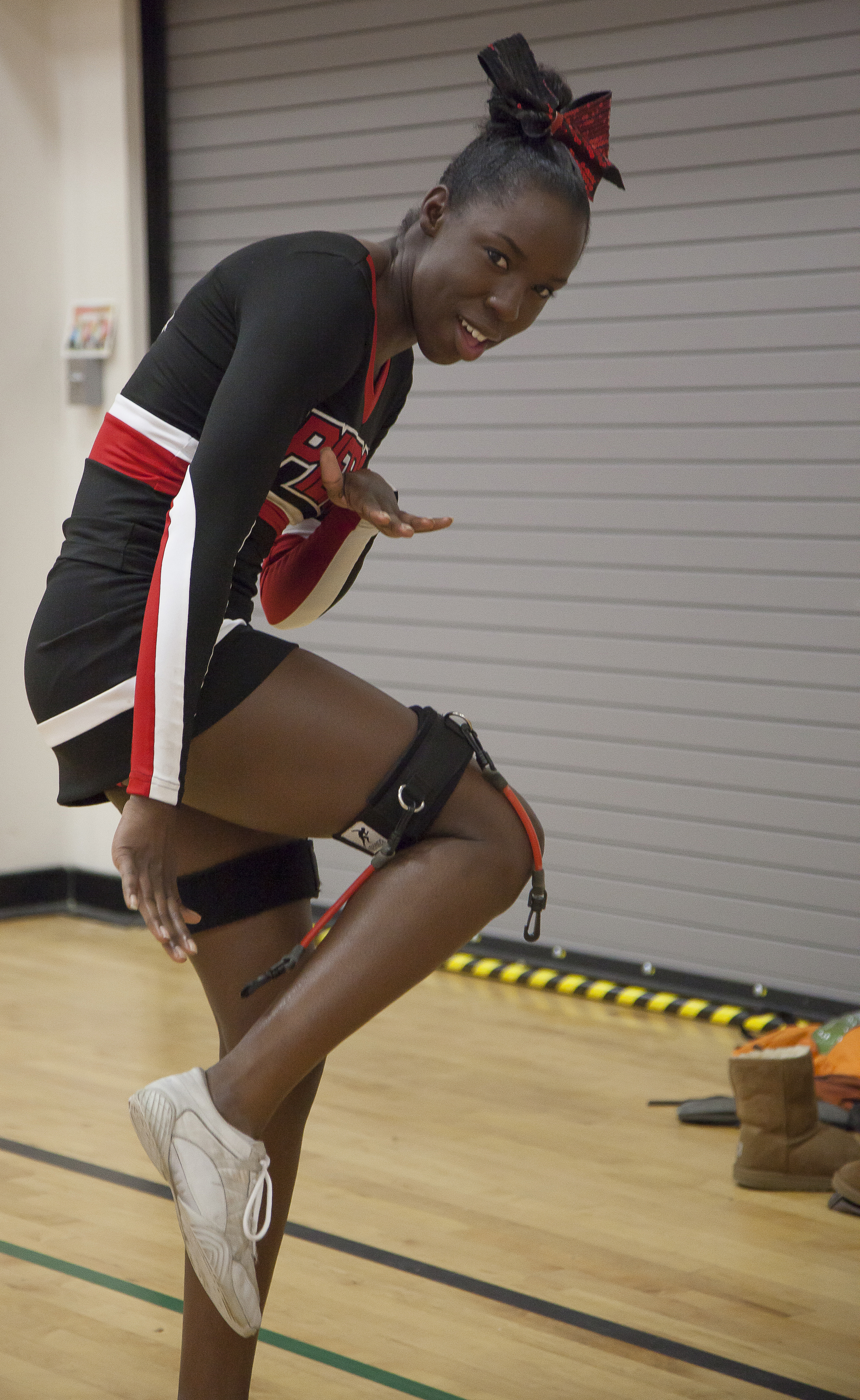  Rushanda DuQuesnay poses with her K-bands wrapped around her leg during a practice session inside the North Gym on Sunday March, 1, 2015. The K-bands help strengthen leg muscles. Woodland Hills, Calif.  Read the full story&nbsp; here  