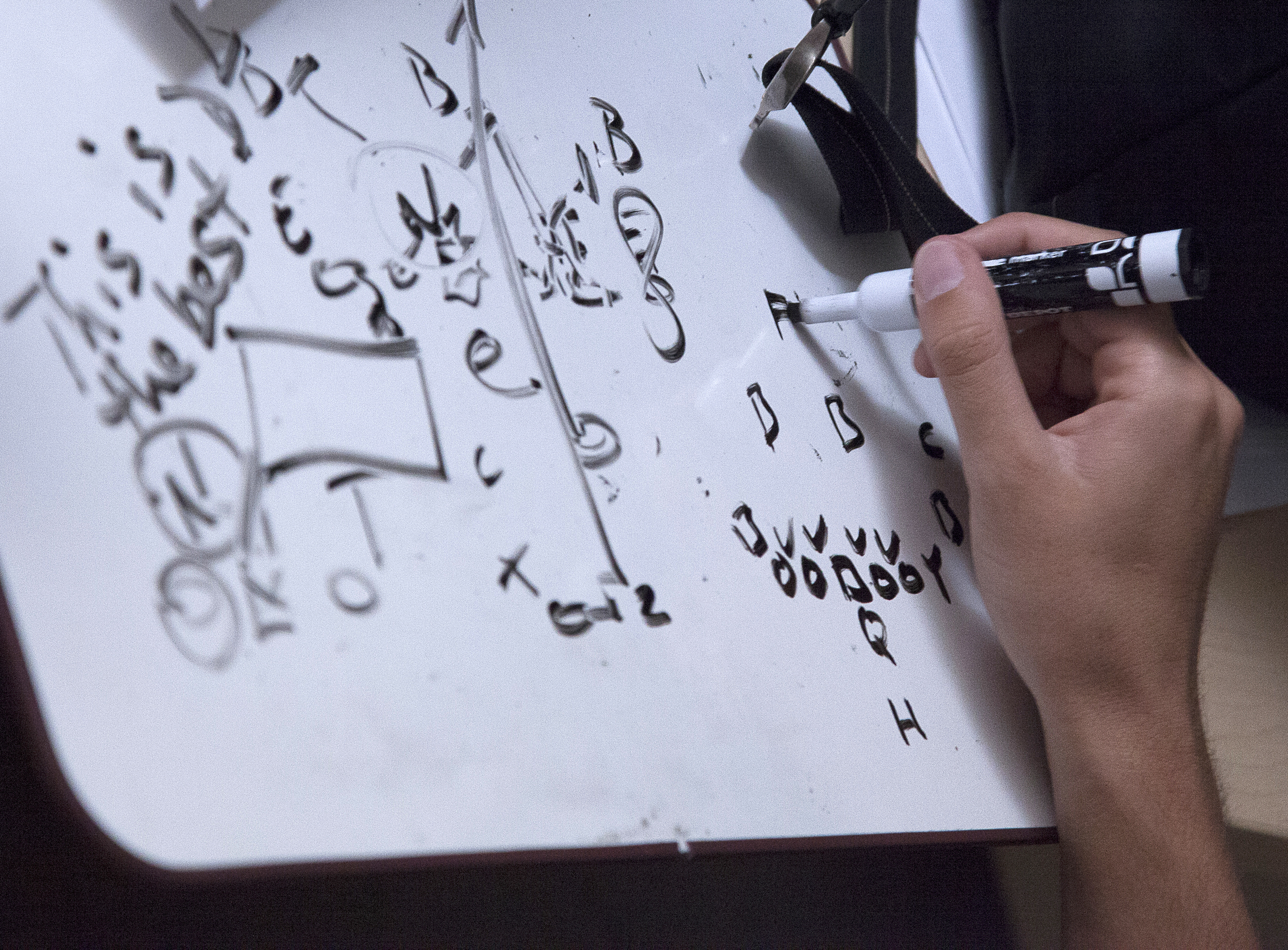  Football plays are drawn on a dry erase board inside the “war room” on Thursday, May 21, 2015. The “war room” is where the defensive team of Pierce College’s football team meet. Woodland Hills, Calif. 