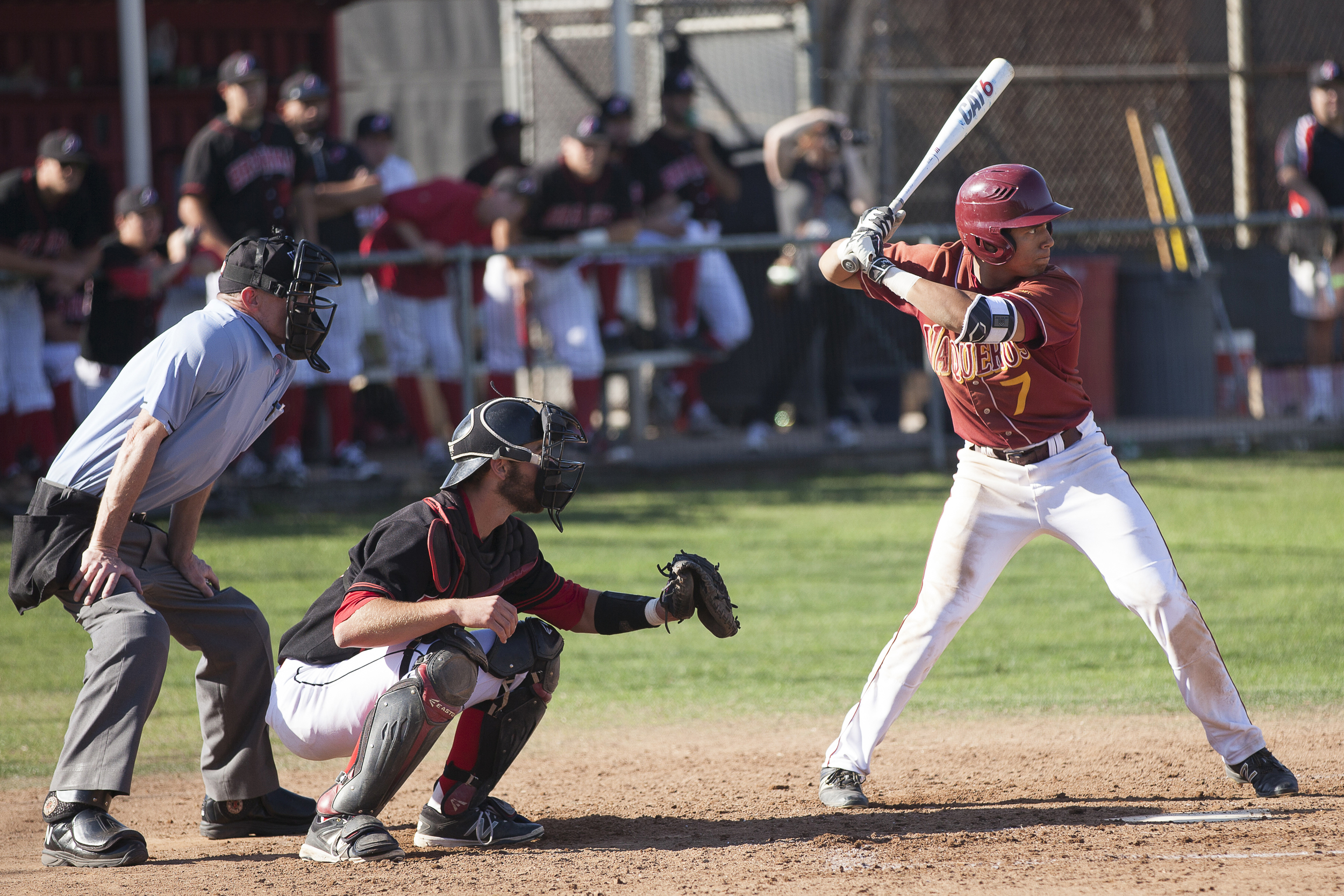  Glendale College outfielder Cristian Montes goes up to bat in a game against Pierce College on Saturday, Feb. 13, 2016 in Woodland Hills, Calif. Glendale would go on to win the game with a score of 15-6.&nbsp; 