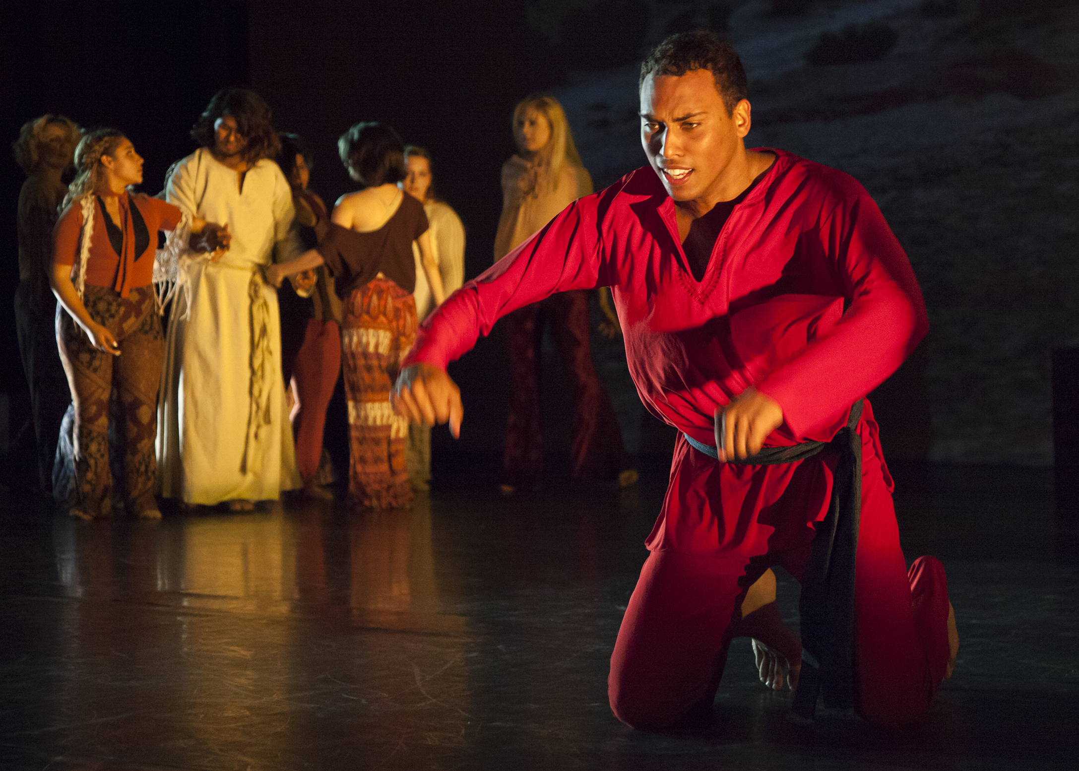  Ean McCabe plays the role of the devil during one of the dance pieces for the concert “Vignettes.” During this portion of the concert, McCabe tries to tempt Jesus but fails to do so. Vignettes opens at the Performing Arts Center of Pierce College in