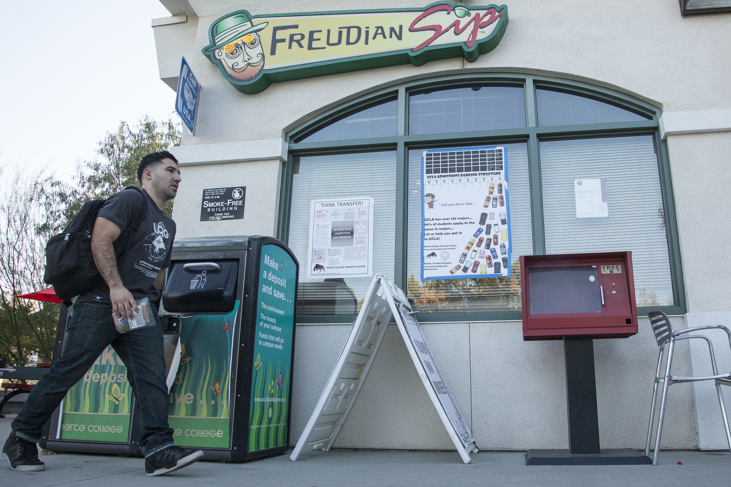  Engineering major Walter Moreno, 25, walks in front of the Freudian Sip on Thursday, Feb. 25, 2016 in Woodland Hills, Calif. The Student Store plans to rebrand the Freudian Sip this semester and the new, unnamed cafe, will open sometime during the S