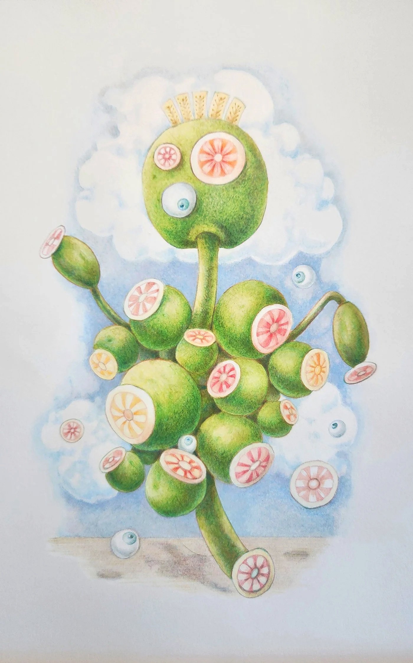 12” x 16” watercolor paper. Faber Castell Polychromos pencil, Caran d’ache Aquarelle, Gouache.