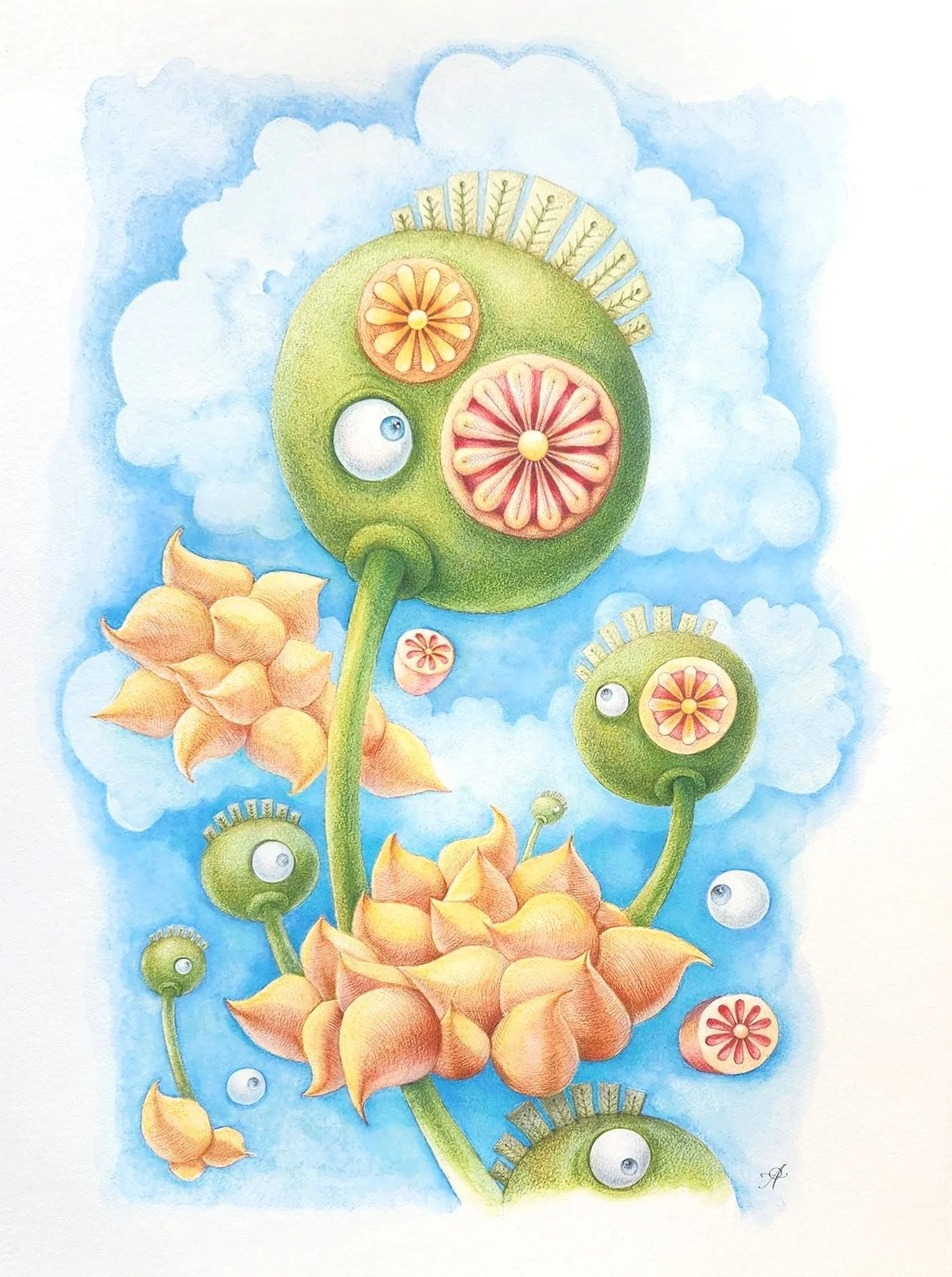 23” x 30”” Arches 400 lb watercolor paper. Derwent Inktense, Faber Castell Polychromos, Caran d’ache Aquarelle, Gouache, Graphite