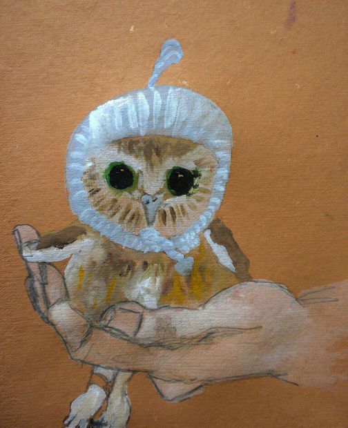 Baby Owl, 2014 10 x 12" gouache, oil stick and graphite on hand made rag paper