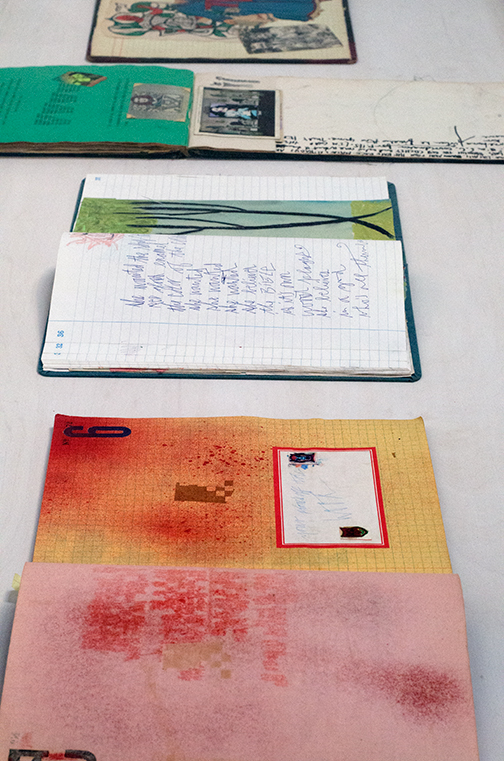 Installation view of Exene Cervenka's journals at Sloan Projects, 2015