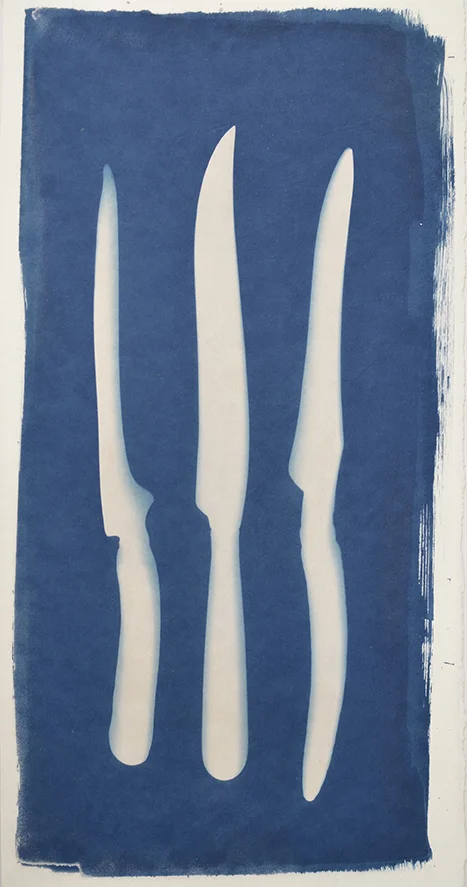 Mary Beth Heffernan Triple Carving , 2011 20 1/2 x 10 1/2 inch cyanotype photogram Study for the series Blue Printed by the artist