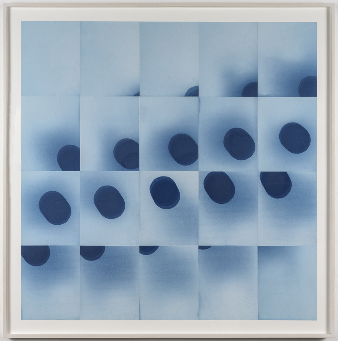 Laura Forman 30 minutes, 20 days, 34° 3’8” N, 118° 14’34” W , 2015 Cycle of unique cyanotypes, capturing the movement of the sun for 20 consecutive days at 30 minute intervals Image: 39 x 39 inches Framed: 44.5 x 44.75 inches