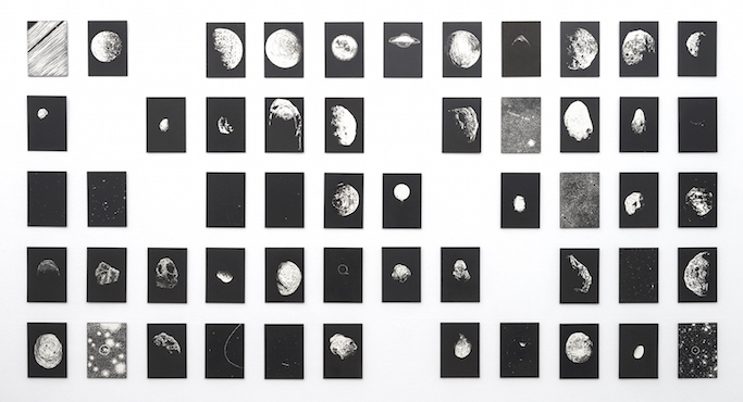 Karley Sullivan Saturn's Satellites, 2014 Installation of fifty-three 5 x 7 inch unique scratchboards