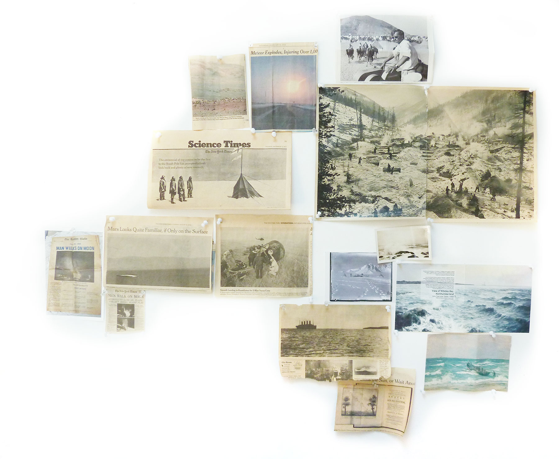 View of artist's studio wall with newspaper clippings / inspiration for Captains of the Dead Sea