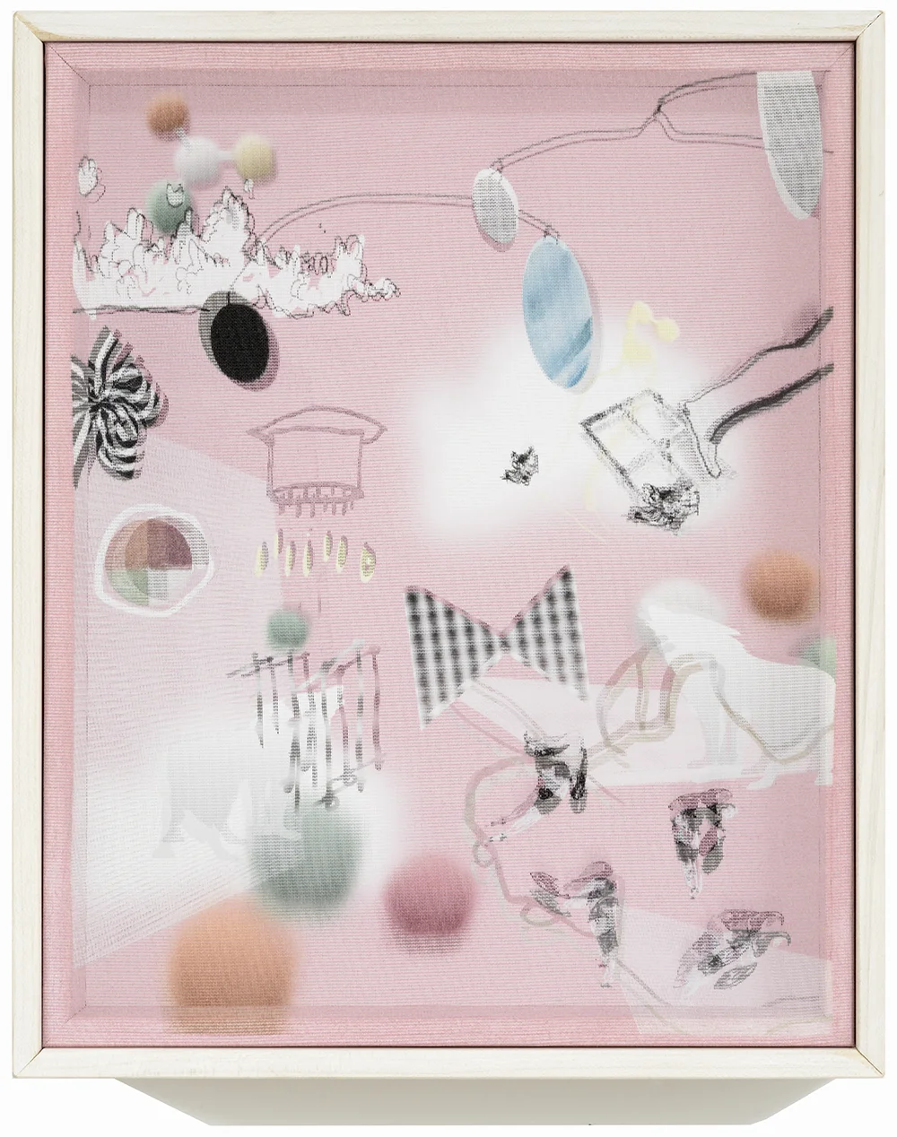 Adele Mills The Birthday Party , 2016 8 x 10 inch Mixed Media / Kinetic Object Print on fabric over print on paper, framed in custom shadow-box From a limited edition of 5