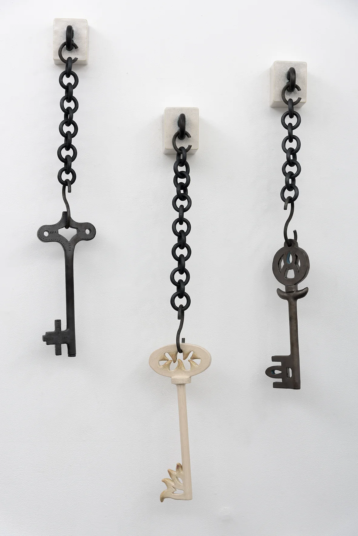 Elizabeth Orleans (Left to Right) Wind up , 2016: Box: 4.75 x 4 x 2.5 inches; Key: 16.5 x 7 x .75 inches Vesta , 2016: Box: 4 x 4.75 x 4 inches; Key: 17.5 x 1.75 x 7.38 inches Volturnus , 2016: Box: 4 x 4.75 x 3 inches; Key: 17 x 1.25 x 7.5 inches