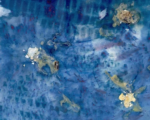 Arden Surdam You Ate My Bird, 2016 Cyanotype, Quail Eggs, Chili Powder, Dijon Mustard, Tanzanite Blue Photo Oil From the series How to Tell When It's Done Number 1 from a Limited Edition of 2 with 2 APs Archival Pigment Print, 40 x 50 inches
