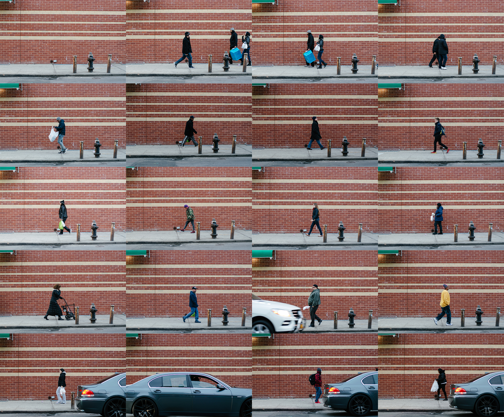 1/2 MTA Bus Time told me I had 7 minutes before my bus came, so I settled down on the bench to wait. I took a photo of the fire hydrant across the street, then, inspired by Gus Powell’s street exercises, decided to make a short exercise out of it, waiting until each person crossing my frame got to the center and then taking a photo.
