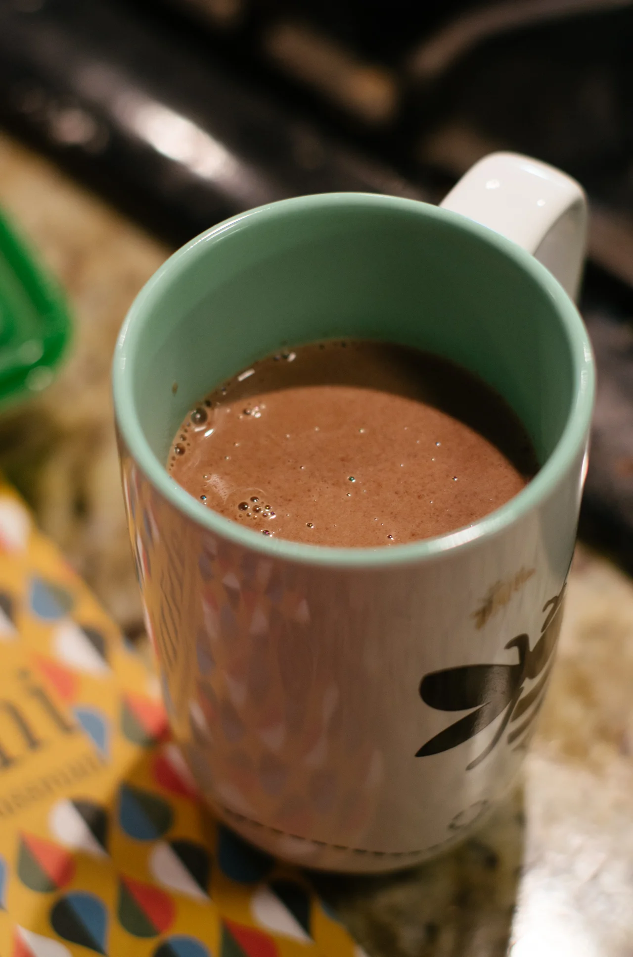 Chocolate-Tahini Truffles: As you can see, that is not truffles, that is a mug of hot chocolate. I’m not sure where I went wrong with the truffles, but it was somewhere! They didn’t cool quickly or evenly enough, and I couldn’t get them rolled into truffle shape, so eventually I gave up and went with the variation Sussman provides for hot chocolate. (So it still counts! Hah!) I made it with oat milk, my one true love. Very rich, quite bitter, decadently good.