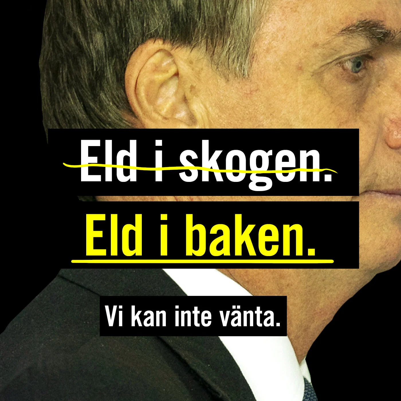 Subject: Stop the burning of the Amazons Fire in the woods. (crossed over) Fire in the behind. We cannot wait. (Fire in the behind= to be in a hurry, a swedish idiom. In this context it is read as a challenge to Bolsonaro)