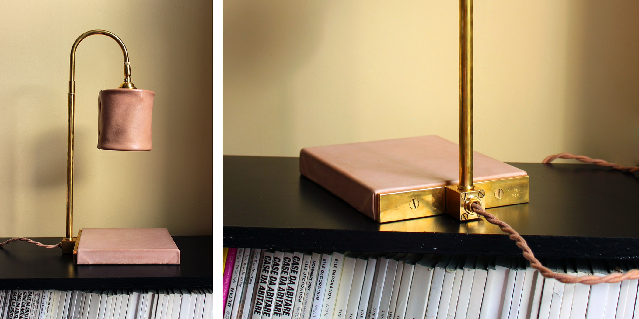 First prototype of the Series 01 Desk Lamp, serial number 01-001. Leather and brass, 2014.