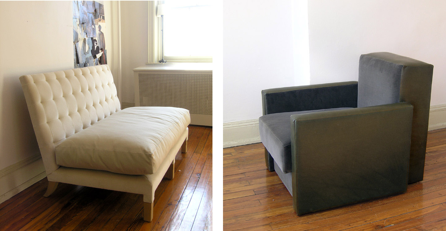 Banquette in velvet and cotton twill; Armchair in velvet and leather. 2010.