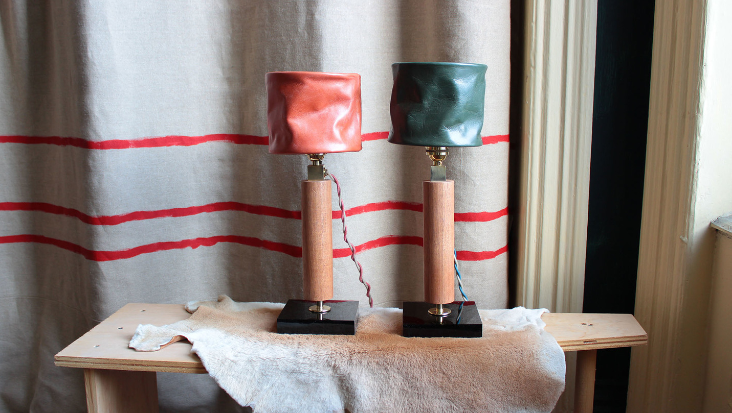 Desk lamps in leather, mahogany, brass and acrylic, 2014.