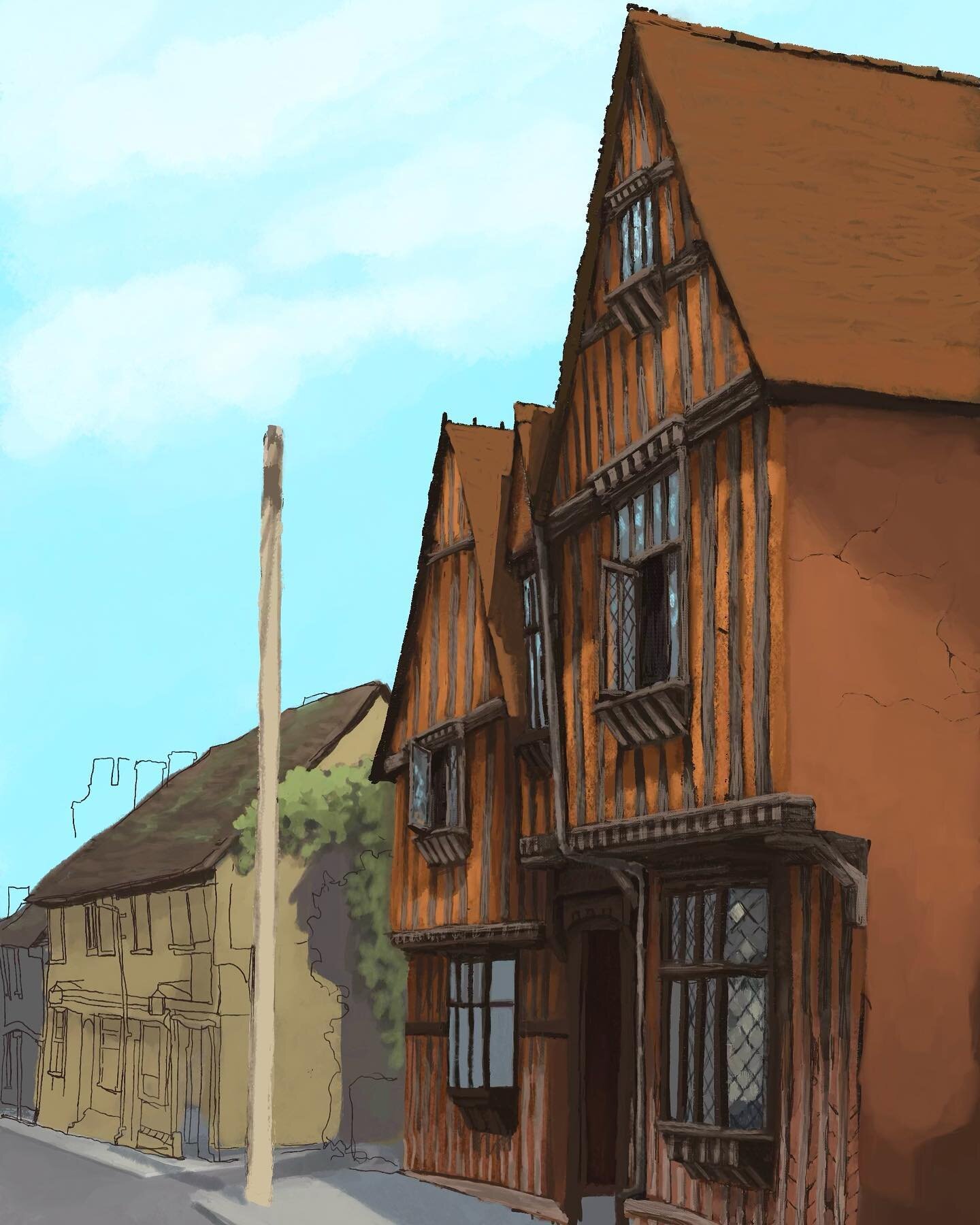 Work in progress 🇬🇧 Lavenham in Suffolk. (Based on a view of Water St, with the @officialdeverehouse in the foreground.) It&rsquo;s grey, rainy in Baltimore- maybe that&rsquo;s what reminded me of the visit to England back in 2013? 😉Where&rsquo;s 